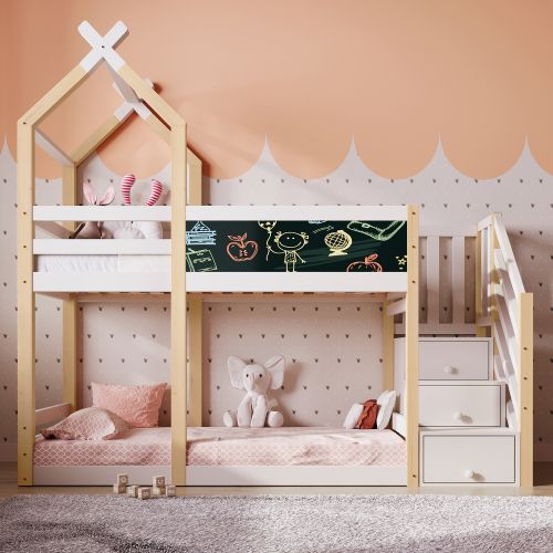Lit Superposé 90x200 Cm, Lit Enfant, Lit Cabane, Avec Tableau Noir, Naturel Et Blanc