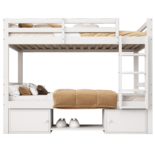Lit Superposé 90x200 Cm, Lit Enfant Avec Étagères à Chaussures Et Casiers, Blanc