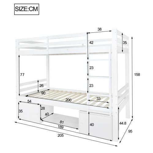 Lit Superposé 90x200 Cm, Lit Enfant Avec Étagères à Chaussures Et Casiers, Blanc