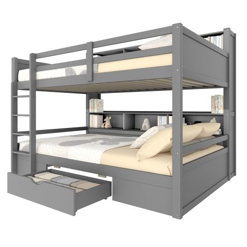 Lit Superposé 90x200 Cm, Lit Enfant Avec Tiroirs, Avec Compartiments De Rangement, Gris