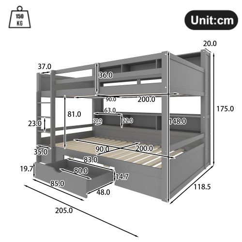 Lit Superposé 90x200 Cm, Lit Enfant Avec Tiroirs, Avec Compartiments De Rangement, Gris