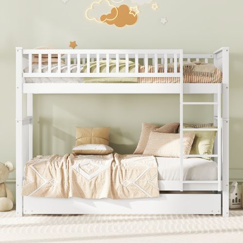 Lit Superposé 90x200 Cm, Lit Enfant, Lit 3 Personnes Avec Lit Gigogne, Garde-corps Hauts, Blanc