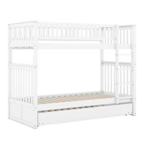 Lit Superposé 90x200 Cm, Lit Enfant, Lit 3 Personnes Avec Lit Gigogne, Garde-corps Hauts, Blanc