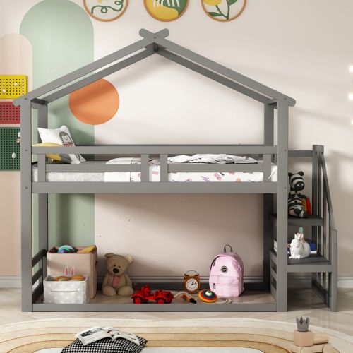 Lit Superposé 90x200 Cm, Lit Enfant Bas Avec Escalier De Sécurité, Avec Sommier à Lattes, Gris