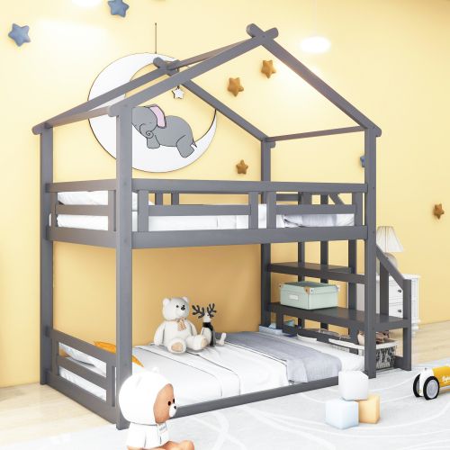 Lit Superposé 90x200 Cm, Lit Enfant Bas Avec Escalier De Sécurité, Avec Sommier à Lattes, Gris