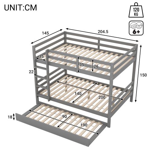 Lit Superposé 140x200 Cm, Lit Enfant Avec Lit Gigogne, Garde-corps Hauts, Escalier Stable, Gris
