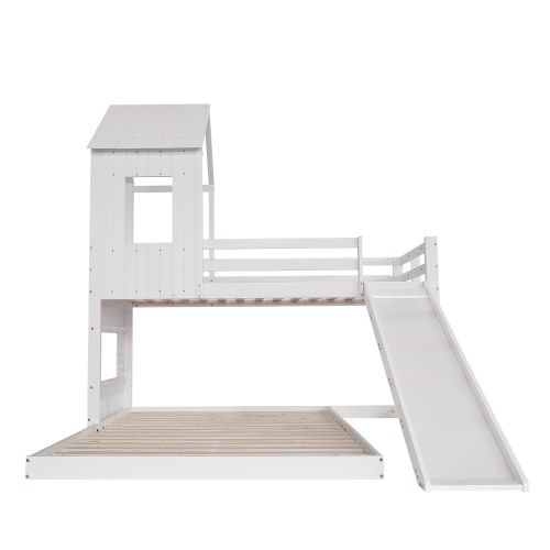 Lit Superposé 90x200 Cm Et 140x200 Cm, Lit Enfant Avec Toboggan, Avec Fenêtre Et Toit, Blanc