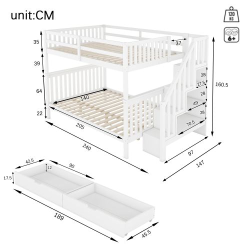 Lit Superposé 140x200 Cm, Lit Enfant Avec 2 Tiroirs, Blanc