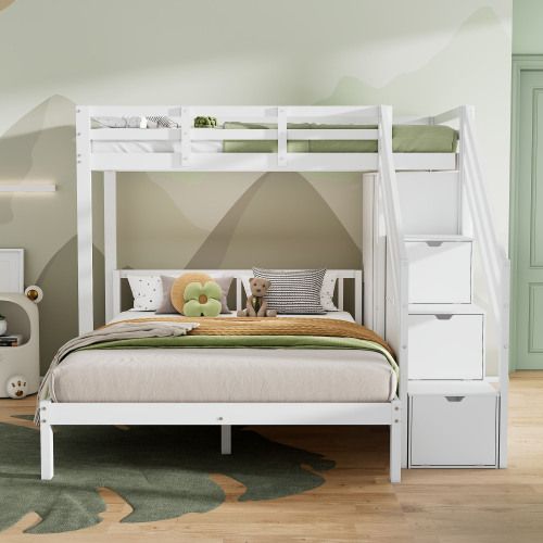 Lit Superposé 90x200 Cm Et 140x200 Cm, Lit Enfant Avec Penderie, Escalier De Rangement, Blanc