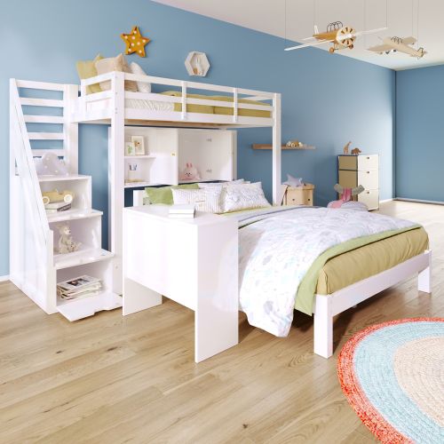 Lit Superposé 90x200 Cm Et140x200 Cm, Lit Enfant Avec Étagère De Rangement, Table Amovible, Blanc