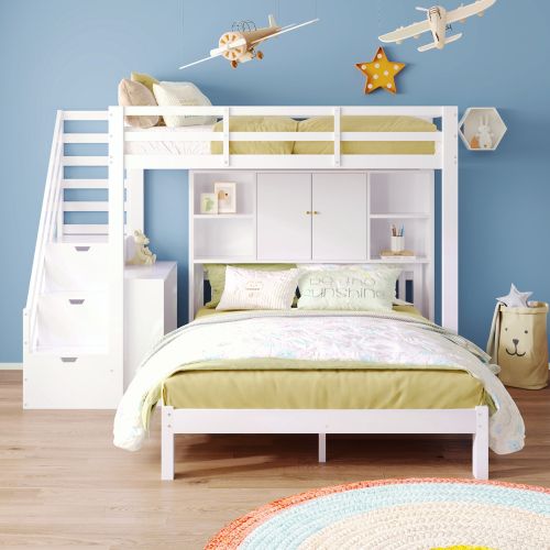 Lit Superposé 90x200 Cm Et140x200 Cm, Lit Enfant Avec Étagère De Rangement, Table Amovible, Blanc