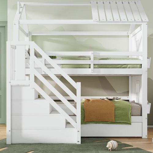 Lit Superposé 90x200 Cm, Lit Enfant En Pin, Avec Escalier De Rangement, Tiroirs Et Étagères, Blanc