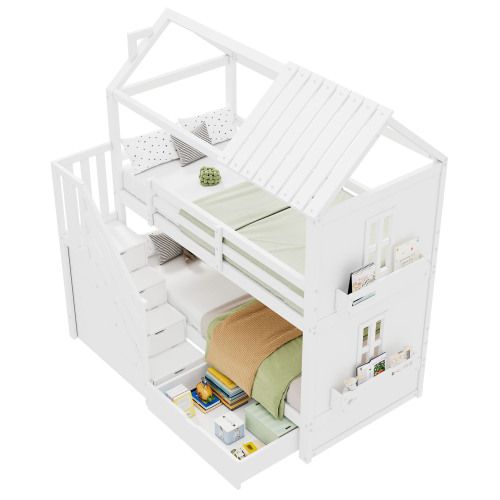 Lit Superposé 90x200 Cm, Lit Enfant En Pin, Avec Escalier De Rangement, Tiroirs Et Étagères, Blanc