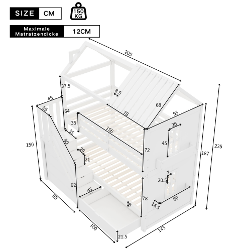 Lit Superposé 90x200 Cm, Lit Enfant En Pin, Avec Escalier De Rangement, Tiroirs Et Étagères, Blanc