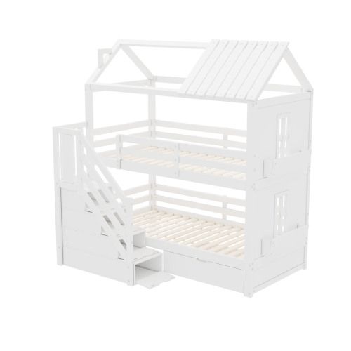 Lit Superposé 90x200 Cm, Lit Enfant En Pin, Avec Escalier De Rangement, Tiroirs Et Étagères, Blanc