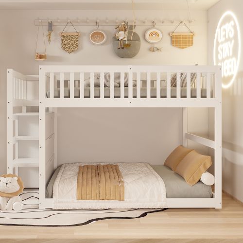 Lit Superposé 140x200 Cm, Lit Enfant En Bois, Avec Compartiment De Rangement, Blanc