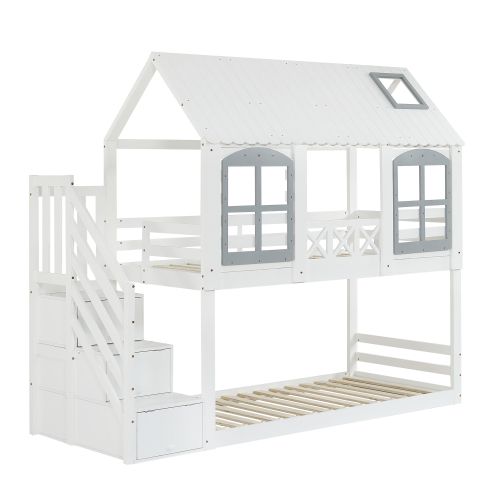 Lit Superposé 90x200 Cm, Lit Enfant Avec Toit Et Fenêtre, Avec 3 Casiers, Blanc Et Gris