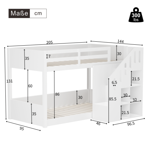 Lit Superposé 90x200 Cm, Lit Enfant Avec Escalier Et Casiers, Garde-corps Stable, Blanc