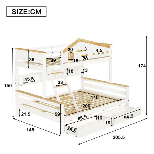 Lit Superposé 90x200 Cm Et 140x200 Cm, Lit Enfant Avec 2 Tiroirs, Blanc Et Naturel
