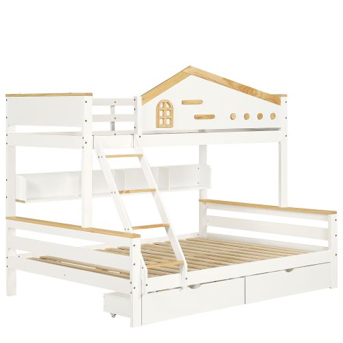 Lit Superposé 90x200 Cm Et 140x200 Cm, Lit Enfant Avec 2 Tiroirs, Blanc Et Naturel