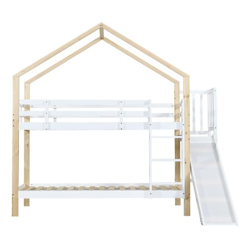 Lit Superposé 90x200 Cm, Lit Enfant Avec Toboggan Et Échelle D'angle, Blanc Et Naturel