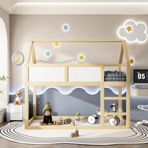 Lit Superposé 90x200 Cm, Lit Enfant Avec Escalier, Structure En Bois, Couleur Bois