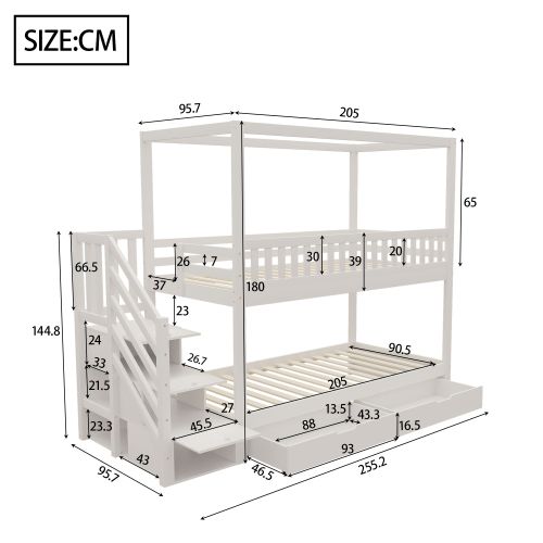 Lit Superposé 90x200 Cm, Lit Enfant, Avec Compartiment De Rangement, 2 Tiroirs, Blanc