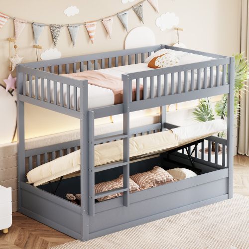 Lit Superposé 90x200 Cm, Lit Enfant Avec Bois Système De Rangement Hydraulique, Gris