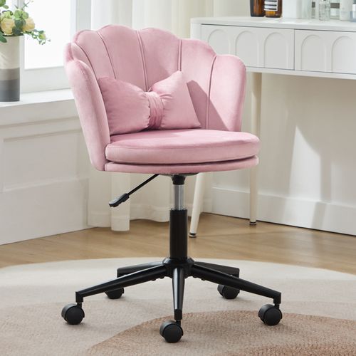 Chaise Pivotante Rose En Velours Hauteur Réglable, Avec Coussin Lombaire