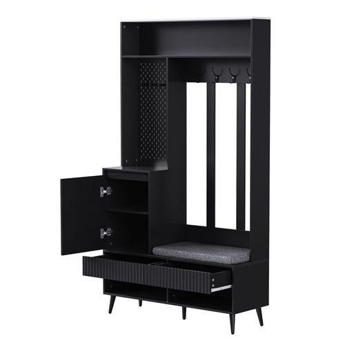 Vestiaire, Meuble D'entrée Noir Avec Banc, 2 Tiroirs Et Étagères à Chaussures