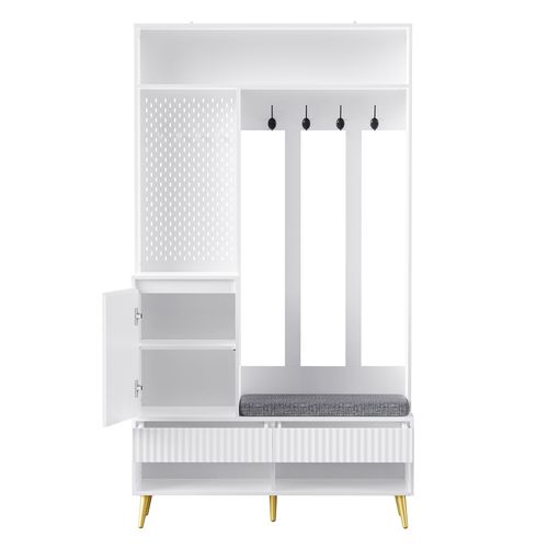 Vestiaire, Meuble D'entrée Blanc Avec Banc, 2 Tiroirs Et Étagères à Chaussures