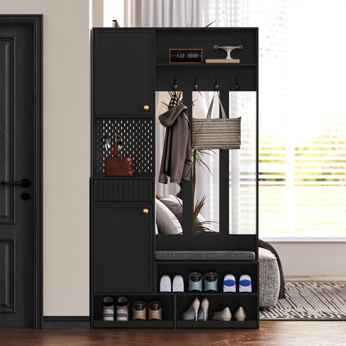 Vestiaire Noir H.180cm, Meuble D'entrée Avec Banc, Tiroir Et Étagères à Chaussures