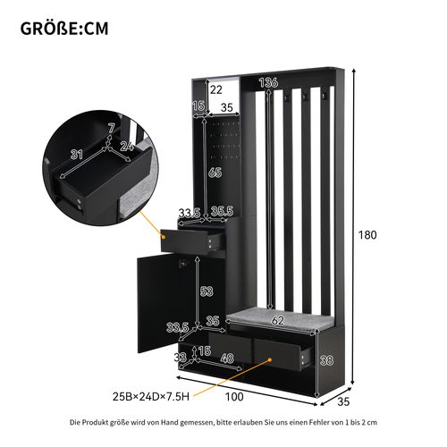 Vestiaire D’entrée Noir Avec Banc, 3 Tiroirs, Patères, Étagère – H.180cm