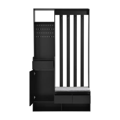 Vestiaire D’entrée Noir Avec Banc, 3 Tiroirs, Patères, Étagère – H.180cm