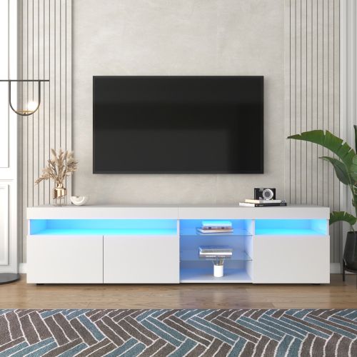 Meuble TV 180 Cm, Meuble TV Blanc Avec Étagères Et Armoires De Rangement, Éclairage LED