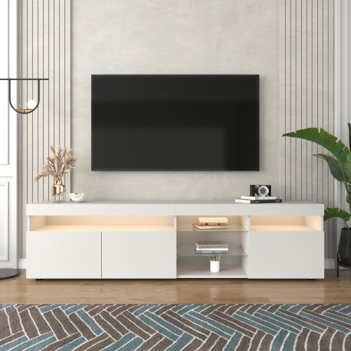 Meuble TV 180 Cm, Meuble TV Blanc Avec Étagères Et Armoires De Rangement, Éclairage LED