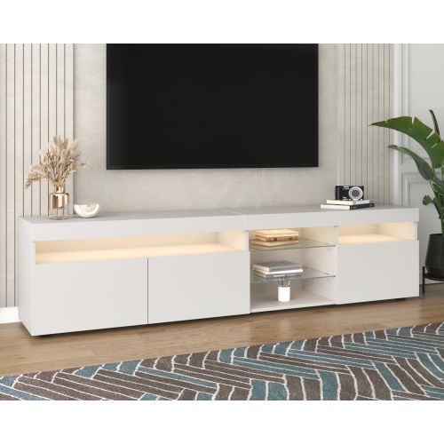 Meuble TV 180 Cm, Meuble TV Blanc Avec Étagères Et Armoires De Rangement, Éclairage LED