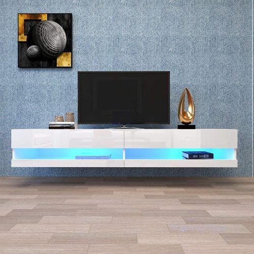 Meuble TV Blanc LED, Meuble TV Bas Avec Espace De Rangement Ouvert