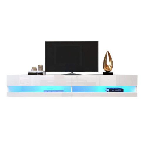 Meuble TV Blanc LED, Meuble TV Bas Avec Espace De Rangement Ouvert