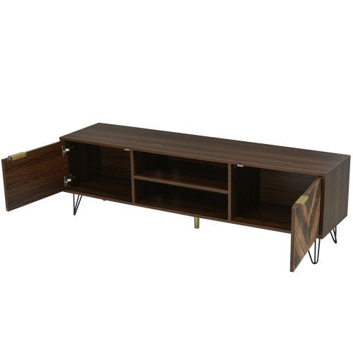 Meuble TV Marron Avec 2 Portes Et 2 Compartiments, Poignées Dorées, Pieds En Fer