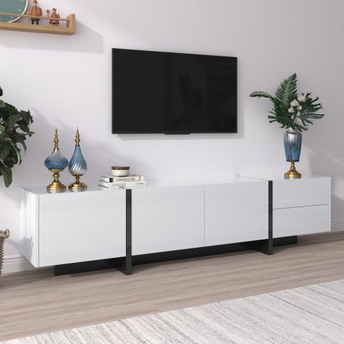 Meuble TV Blanc Et Noir Brillant, Meuble TV Bas Avec Pieds Color-block, Avec Portes Et 2 Tiroirs