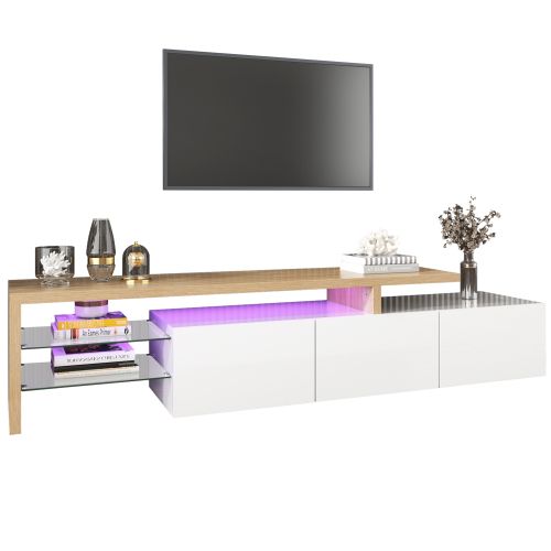 Meuble TV Bois Et Blanc Avec Espace De Rangement, Étagères En Verre, Éclairage LED