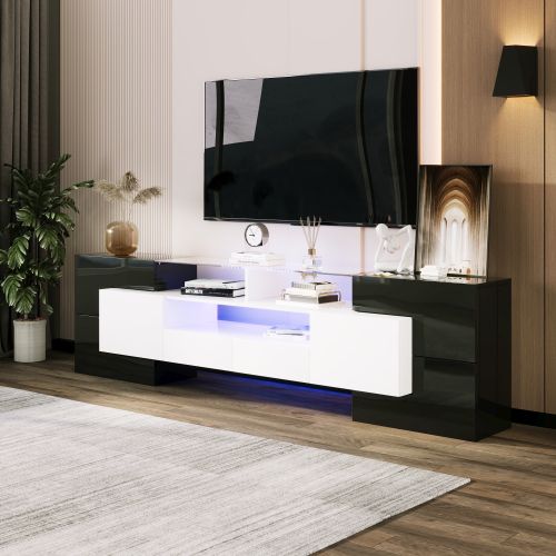 Meuble TV 200 Cm, Meuble TV Blanc Et Noir Avec Éclairage LED, Casiers Et Rangements Ouverts