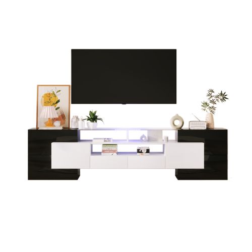 Meuble TV 200 Cm, Meuble TV Blanc Et Noir Avec Éclairage LED, Casiers Et Rangements Ouverts