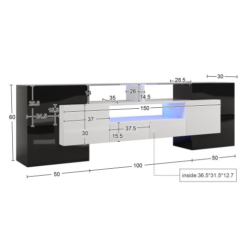 Meuble TV 200 Cm, Meuble TV Blanc Et Noir Avec Éclairage LED, Casiers Et Rangements Ouverts