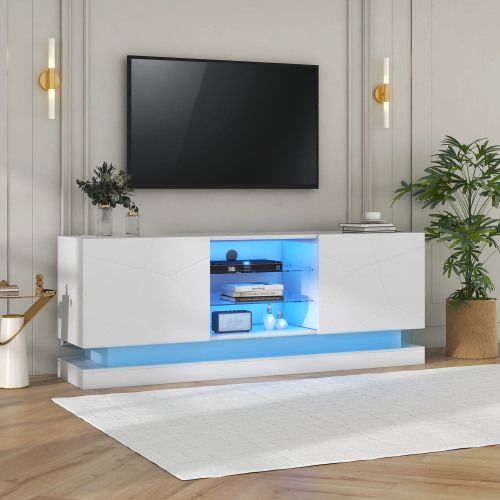 Meuble TV Blanc Avec Étagère En Verre Réglable, Rangement Ouvert, Charnières Silencieuses