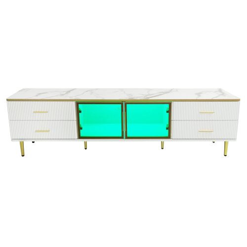 Meuble TV Blanc Avec 4 Pieds, 4 Tiroirs Avec Poignées Dorées Et 2 Portes En Verre Trempé Marron