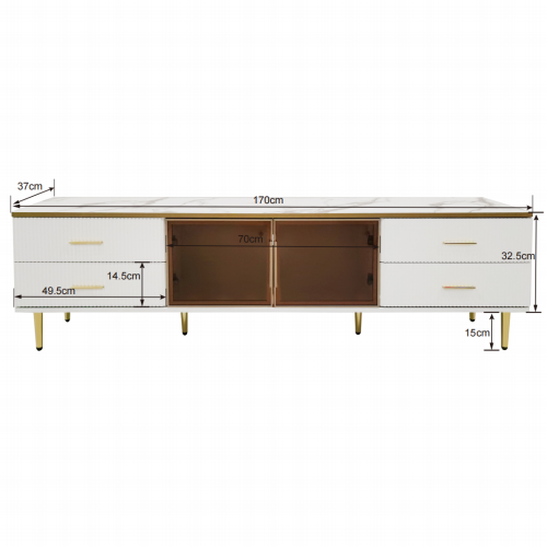 Meuble TV Blanc Avec 4 Pieds, 4 Tiroirs Avec Poignées Dorées Et 2 Portes En Verre Trempé Marron