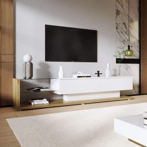 Meubles TV Blanc Et Bois, Meuble TV Bas Avec 2 Tiroirs, Cloisons Vitrées Et Éclairage LED Variable