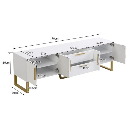 Meuble TV Blanc Avec 2 Casiers Et 2 Tiroirs, Poignées Et Pieds Dorés, Porte Avec Texture Gravée